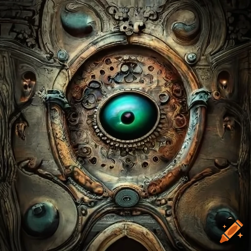 steampunk baroque door with the all seeing eye of god