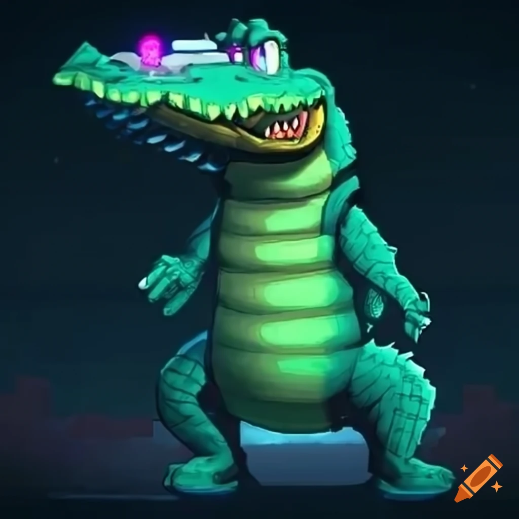 2d game character of a cyberpunk crocodile