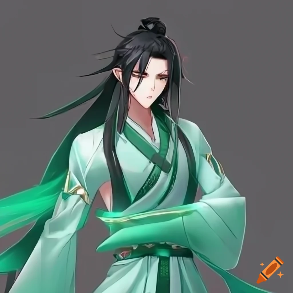 anime character with long black hair and jade green robes