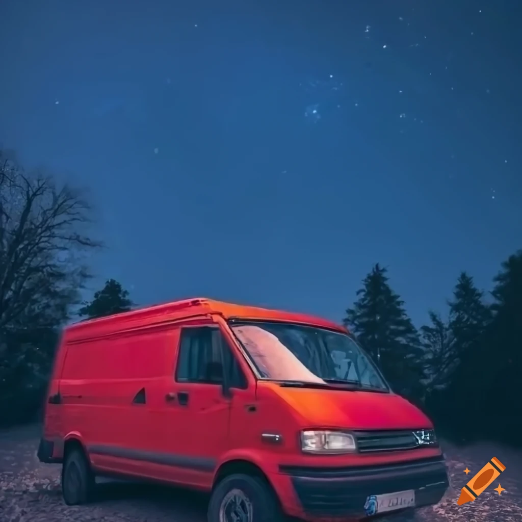 Parked Red Van Under Starry Night Sky