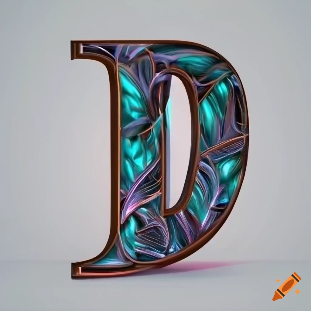 Futuristic 3d render of letter 'd' near a tropical flower