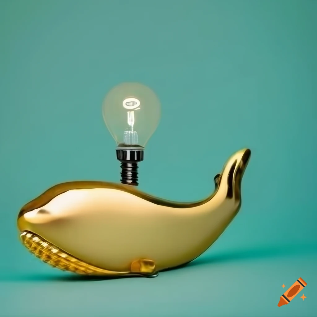 golden whale-shaped microphone with a light-bulb on teal background