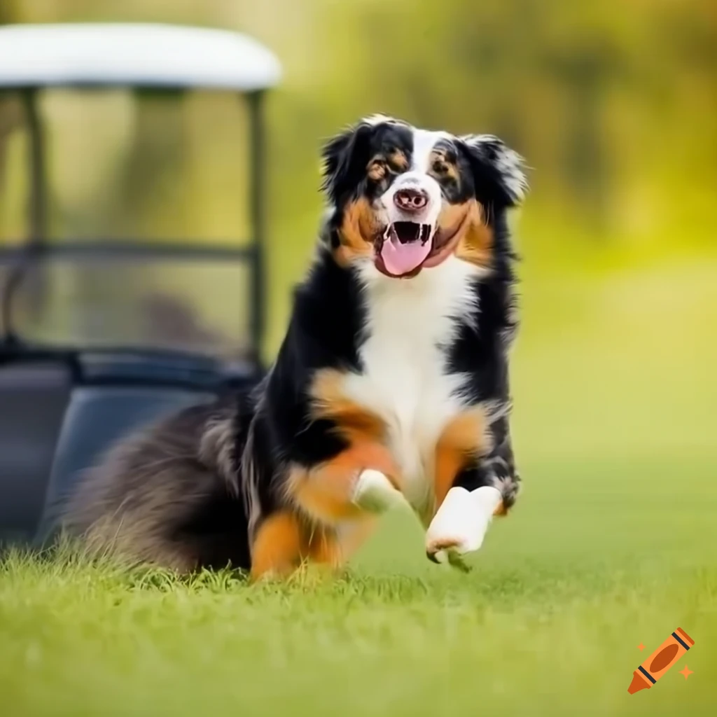 Australian shepherd dog jumping into a golf cart on Craiyon