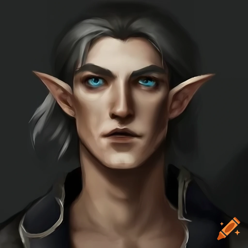 Image of a male half elf with grey skin and brown hair on Craiyon