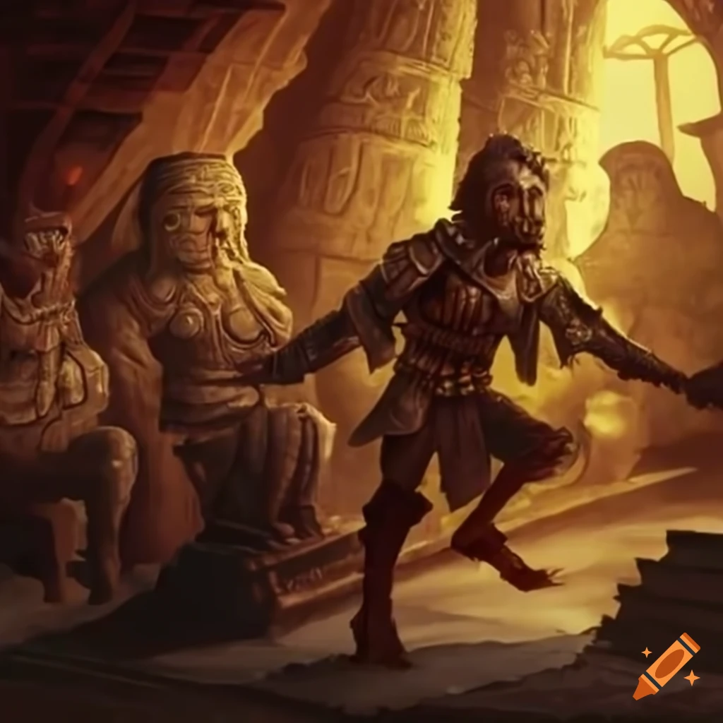 illustration of adventurers exploring an ancient Aztec tomb