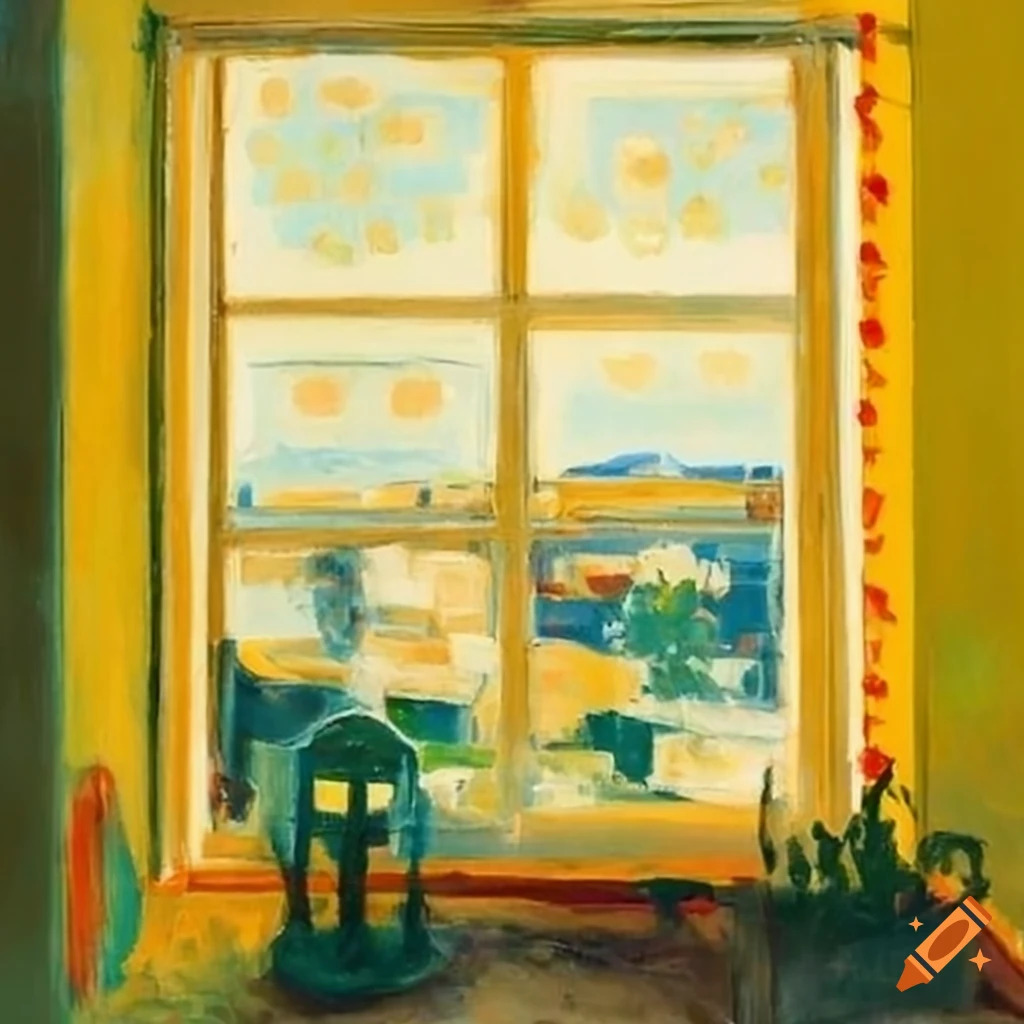 Bright room with flower-filled window view on Craiyon