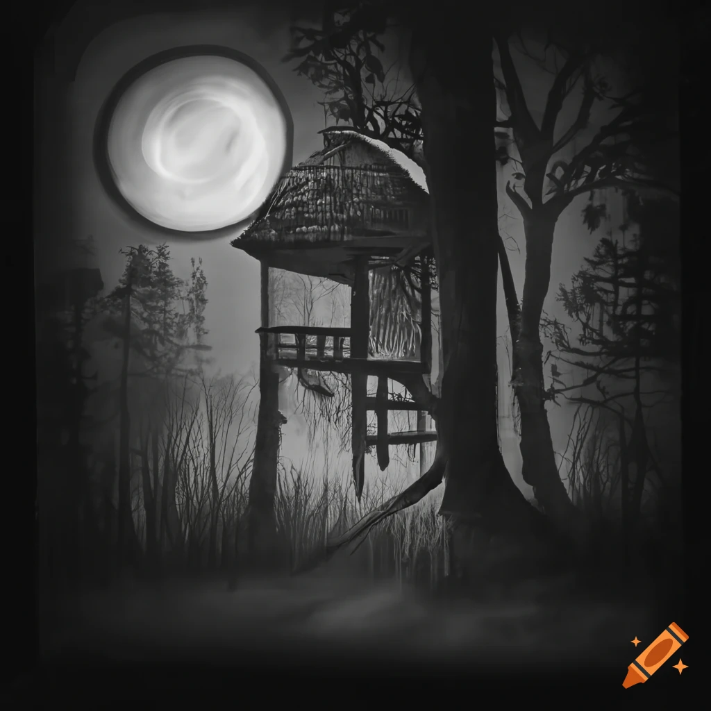 Black and white image of a treehouse at night on Craiyon