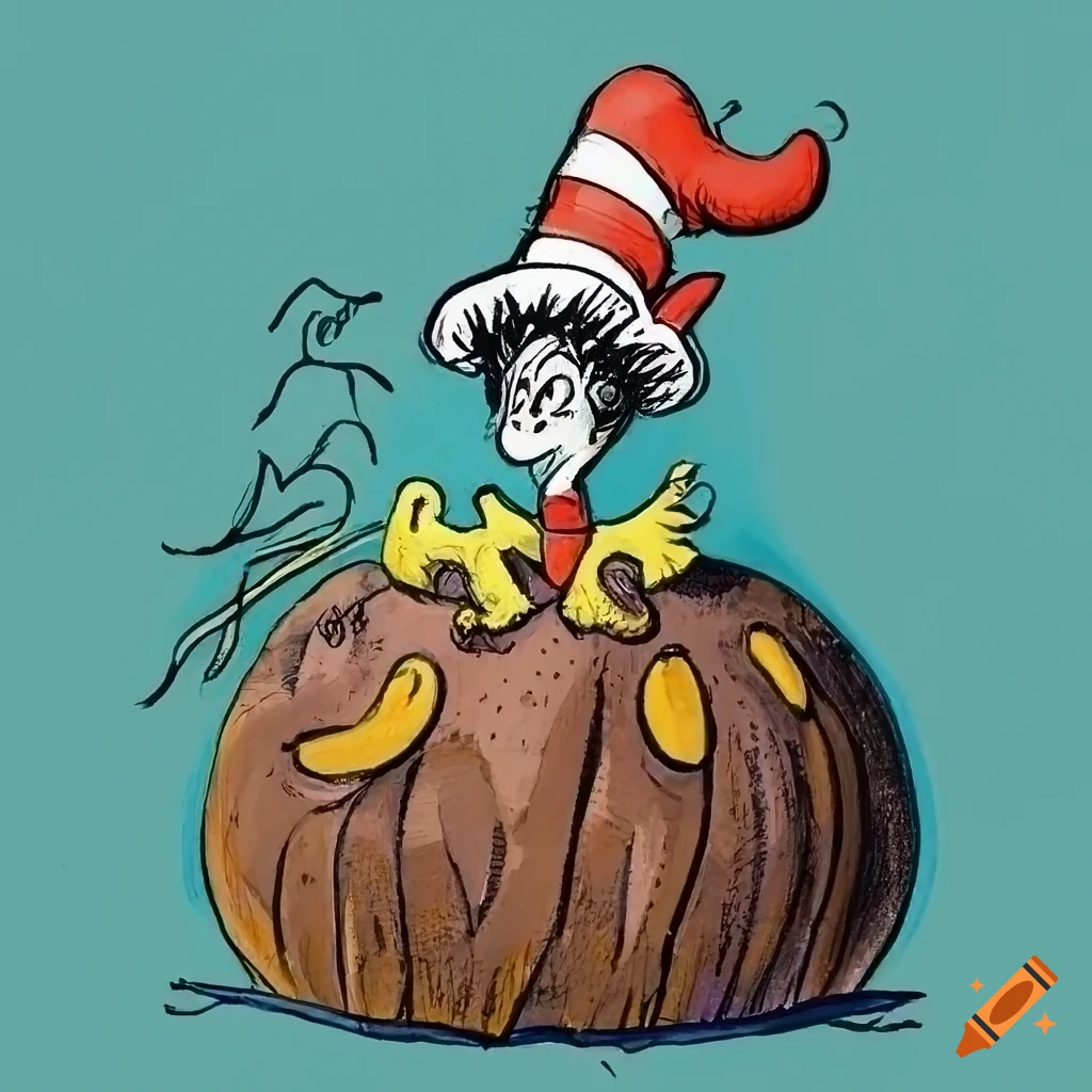 colorful book illustration of a cat in a hat popping out of a Christmas pudding