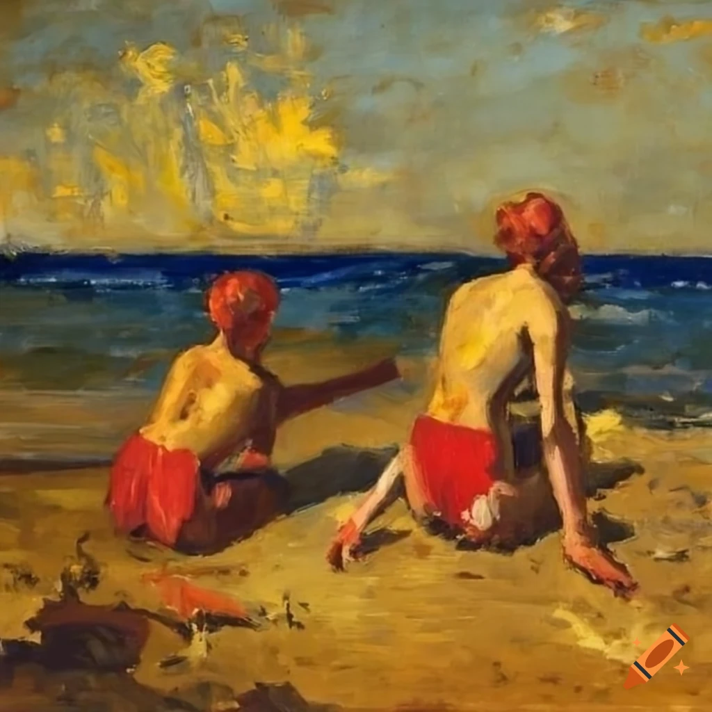 oil painting of students playing at the beach