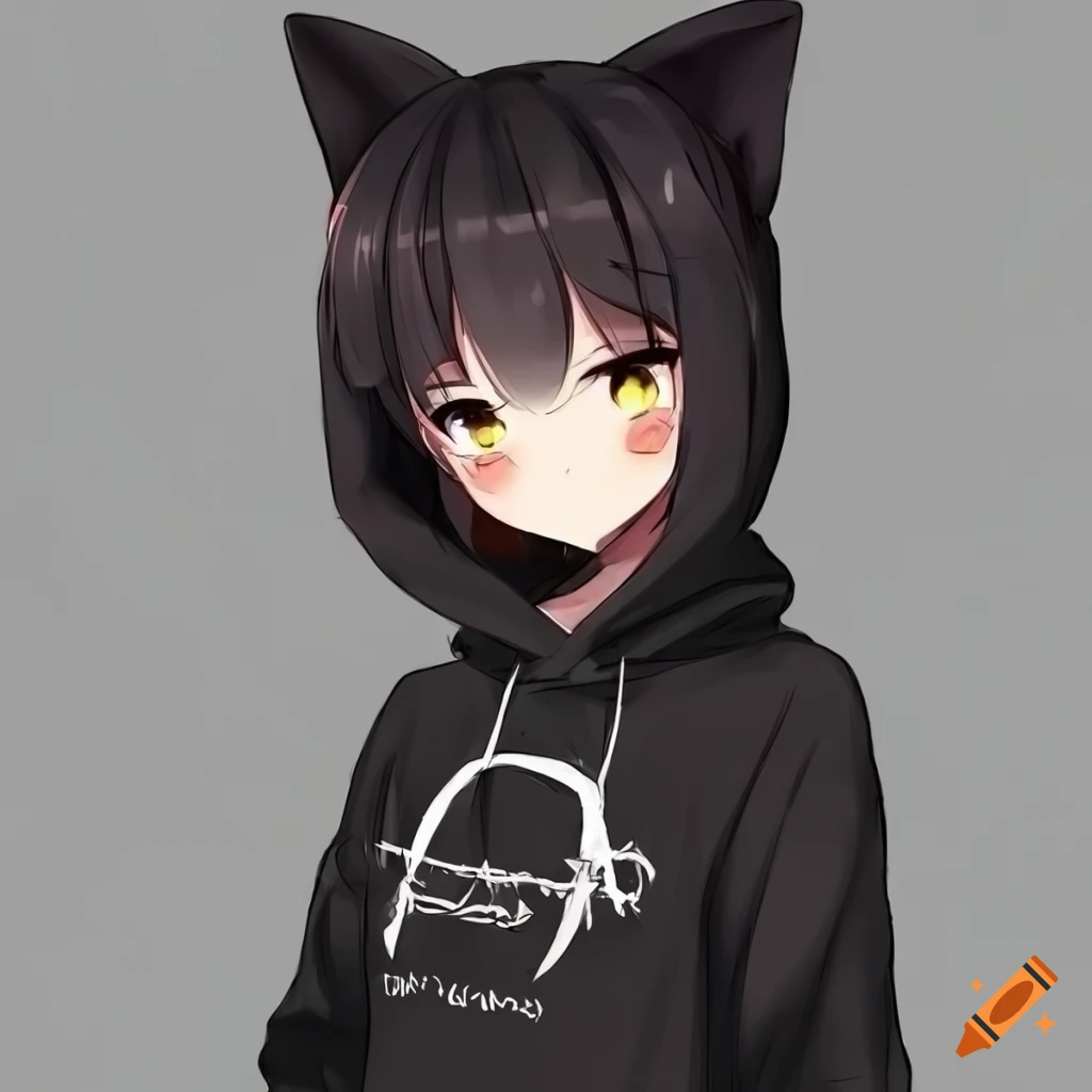 Cute anime girl with black hair and hoodie on Craiyon
