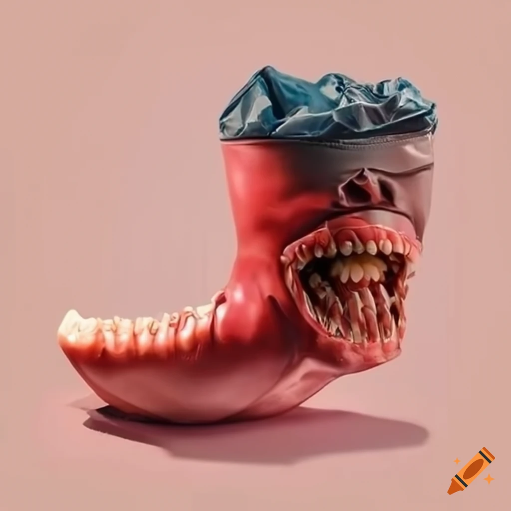 Hyperrealistic art of trash bag boots with dentures
