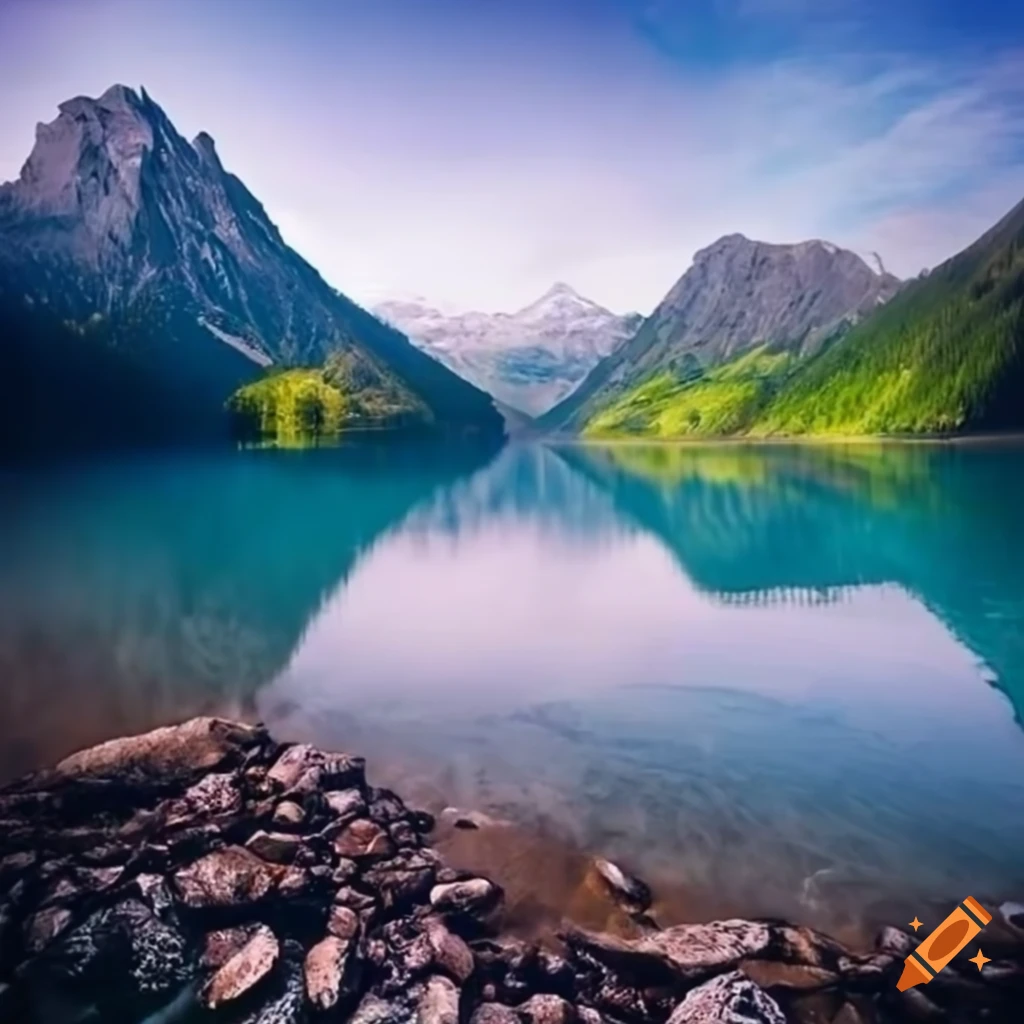 photo of a mountain lake with rugged mountains in the background
