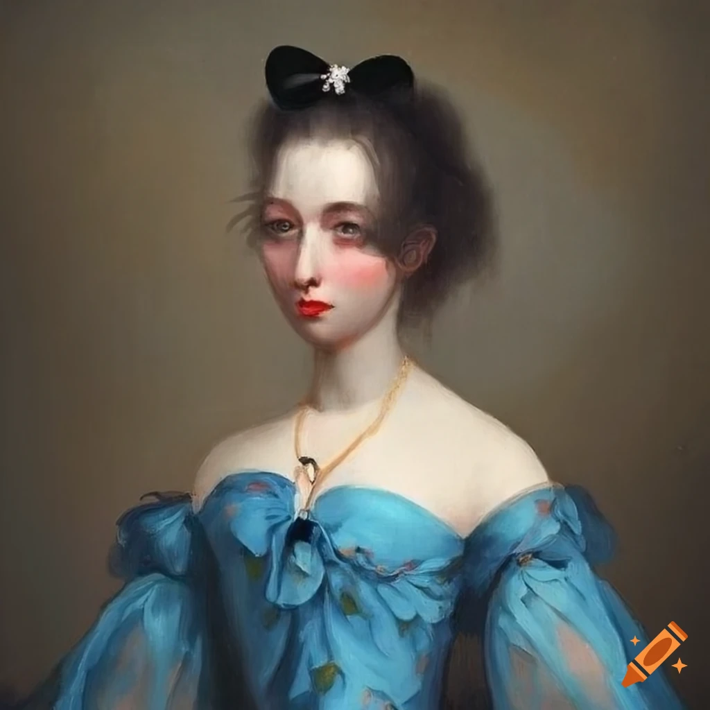 Woman in a blue flowered dress with a black ribbon and pearl necklace