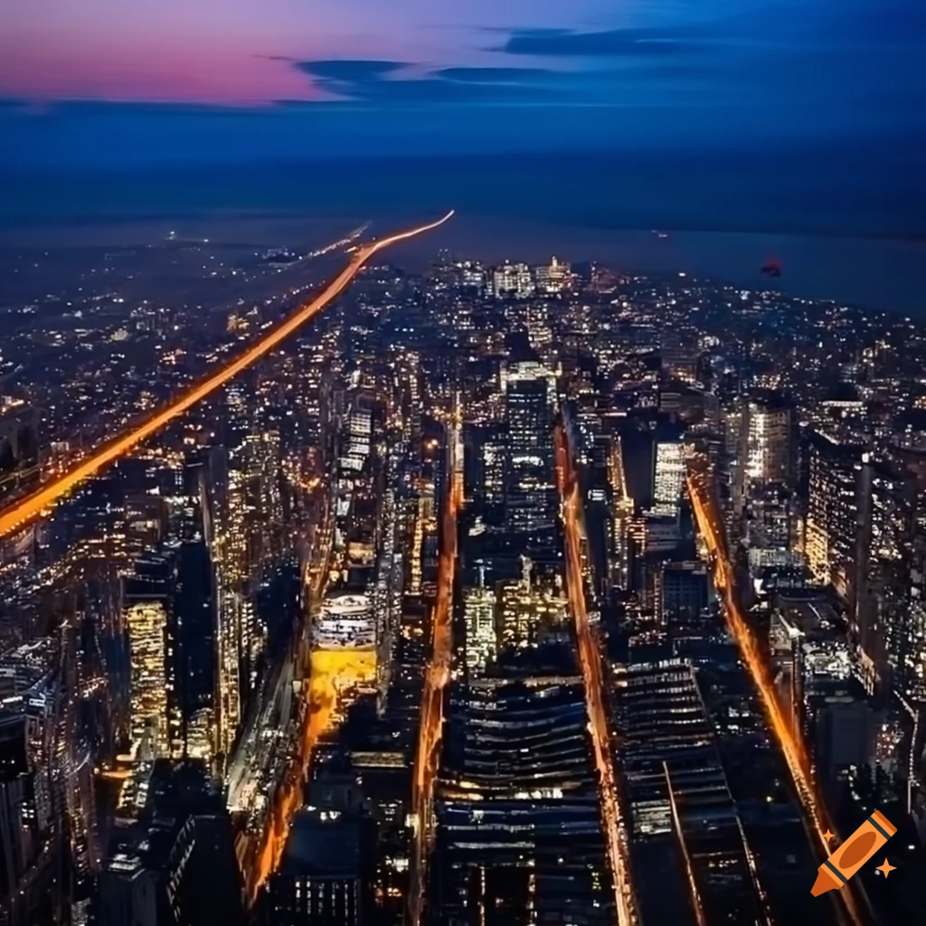 Night view of city skyline from above on Craiyon