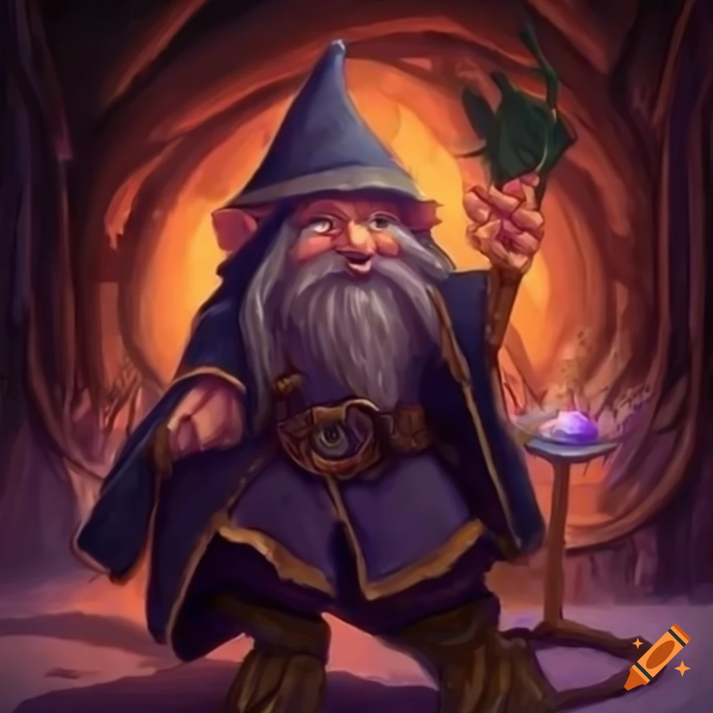 Illustration of a gnome wizard immersed in books and dragons on Craiyon