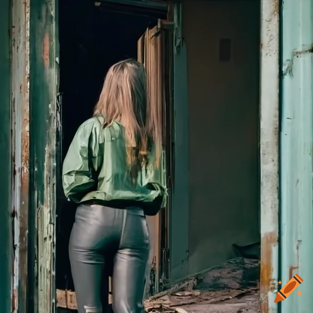 young woman in trendy outfit standing in a doorway