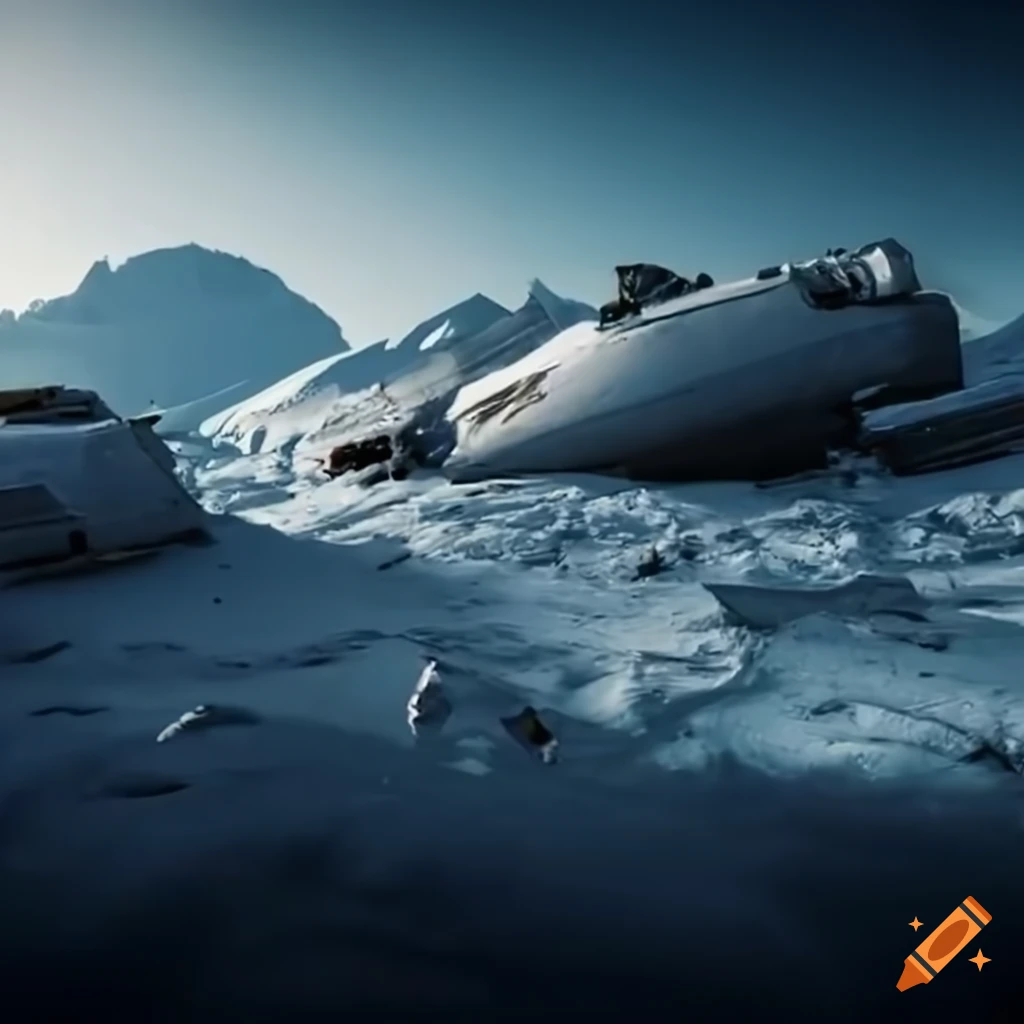 Crashed spaceship on a snowy mountain on Craiyon