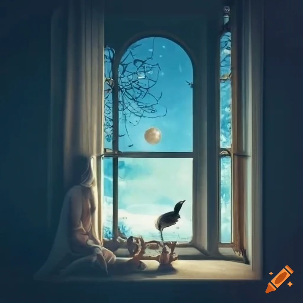 Symbolic painting of a spinning wheel and a nightingale near a moonlit