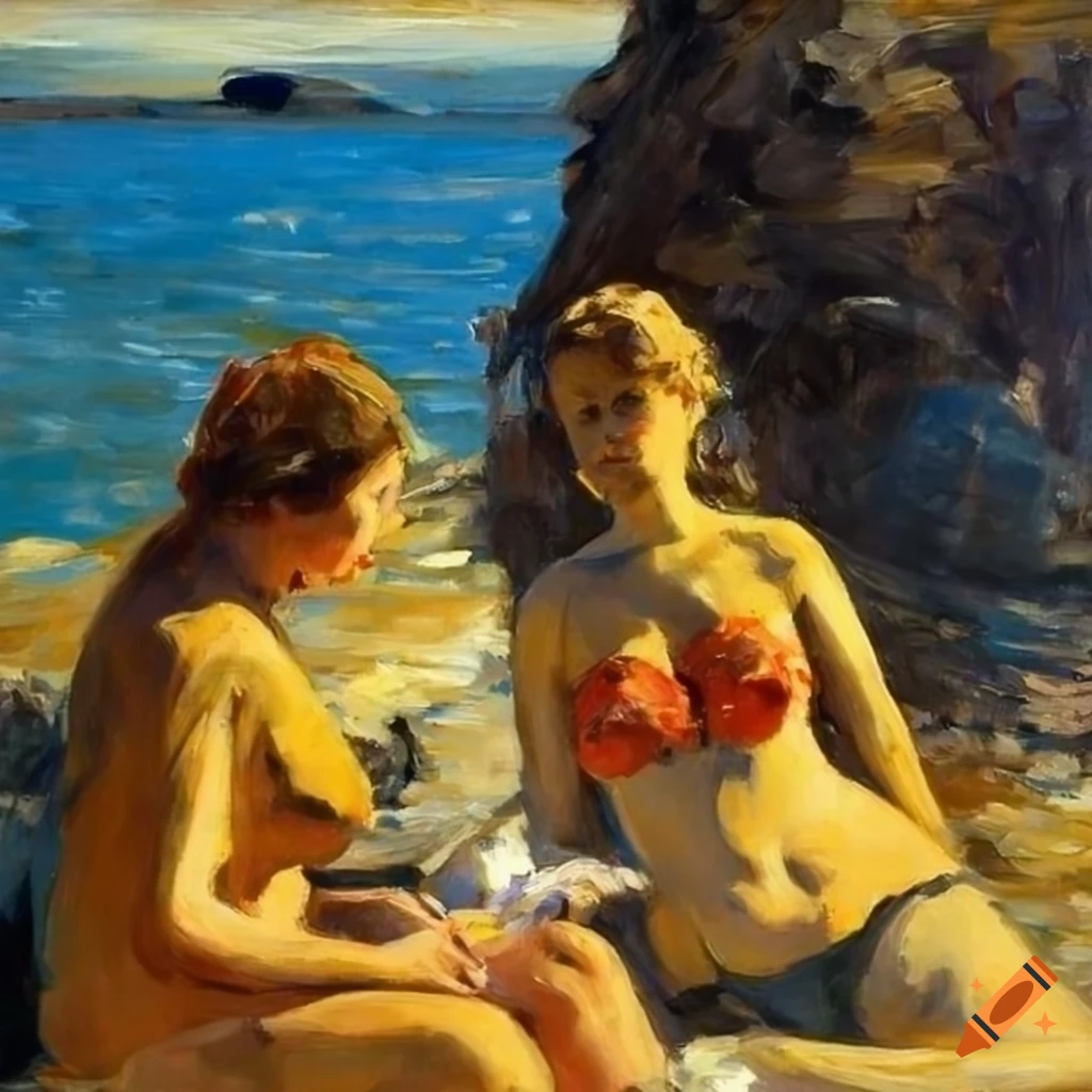oil painting of female sunbathers at the water's edge
