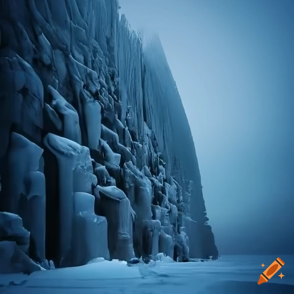 photorealistic image of a massive wall in icy wasteland