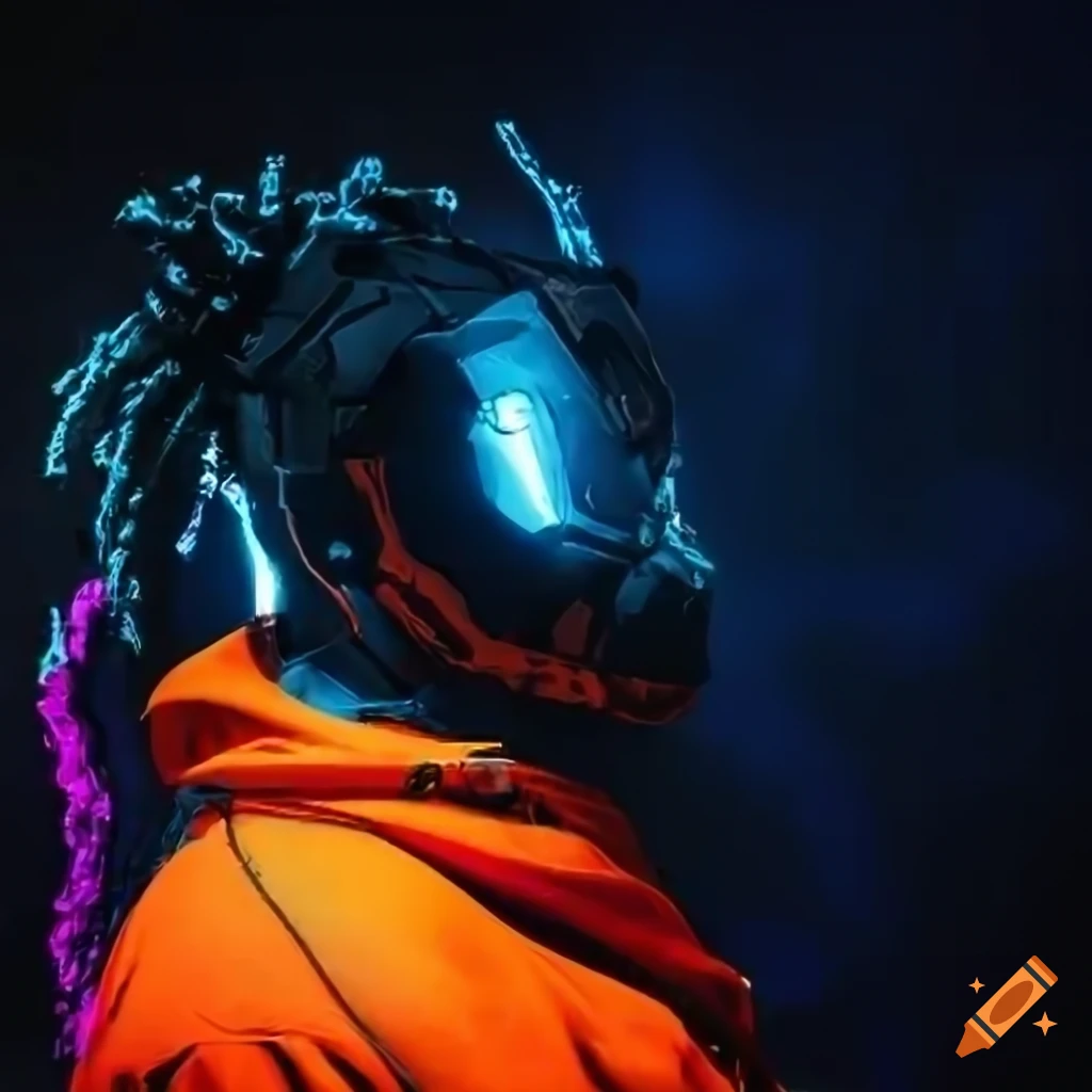 cyberpunk warrior with glowing orange dreadlocks and futuristic katana