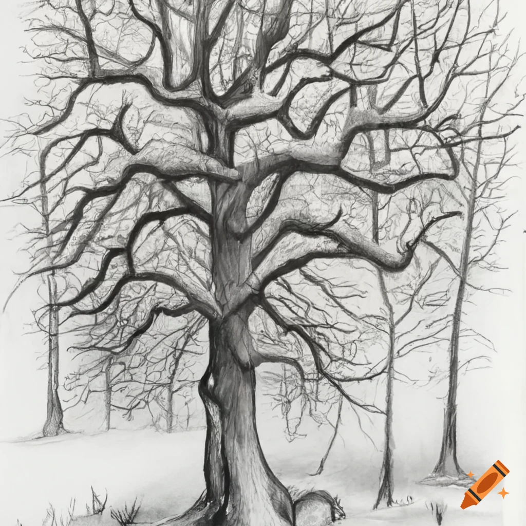 Black and white sketch of a snowy forest tree on Craiyon