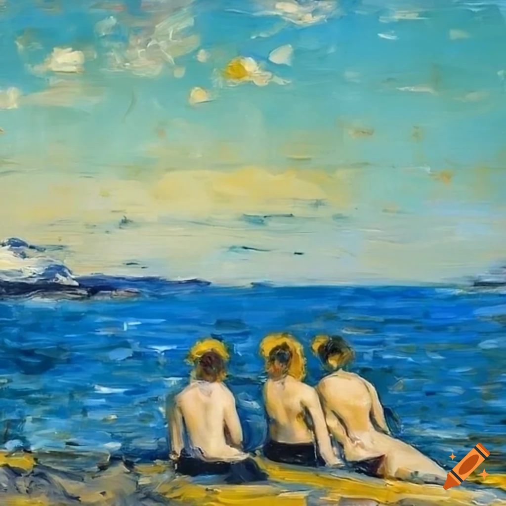 oil painting of sunbathers at the water's edge in Norway