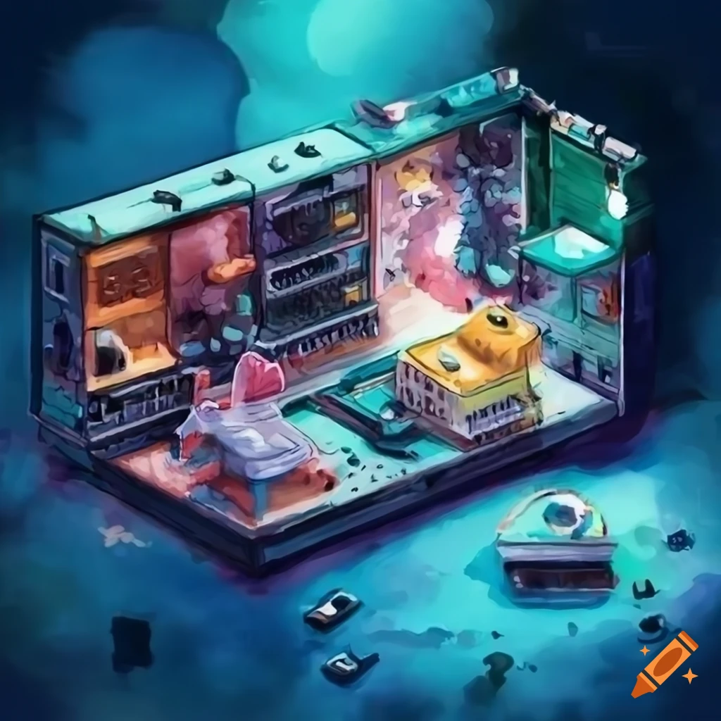 Watercolor miniature scene of cat playing modular synth in spacestation ...