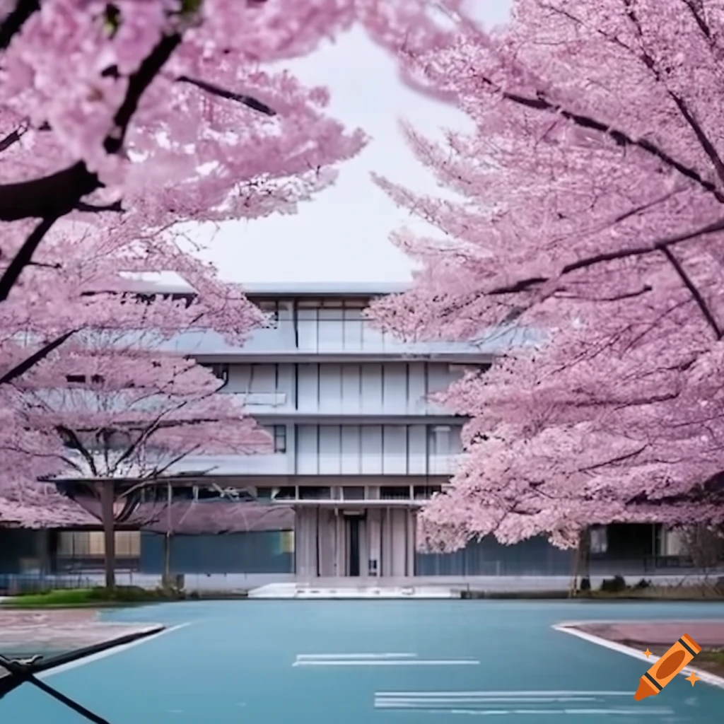 modern Japanese high school surrounded by cherry blossoms