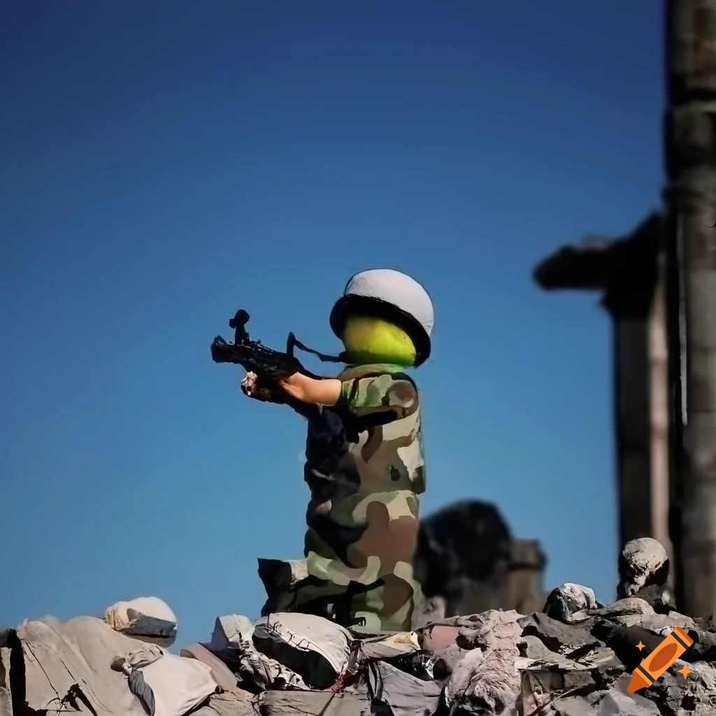 expressionist style puppet with submachine gun in camouflage uniform