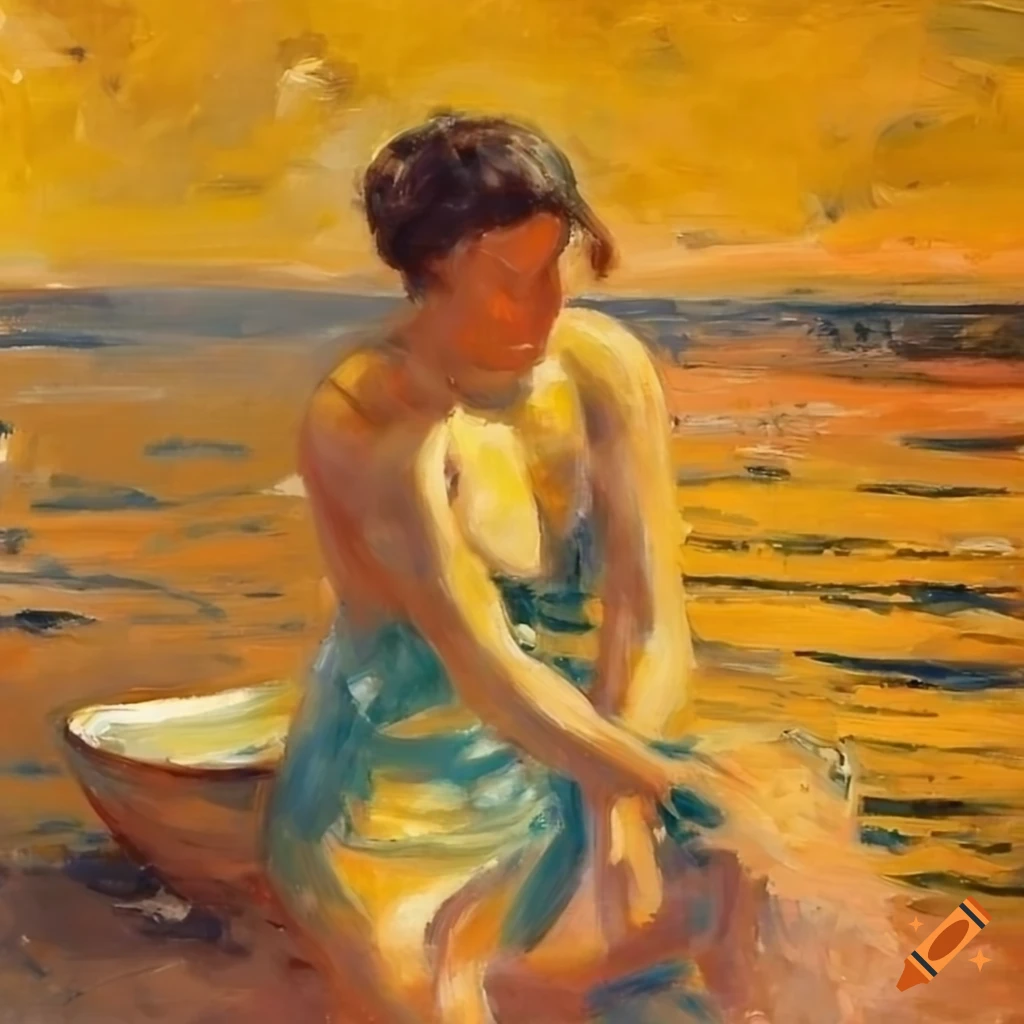 oil painting of women enjoying by the sea
