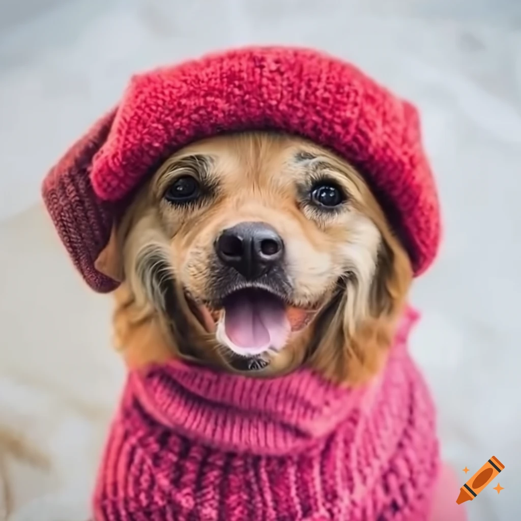 Cute dog wearing a sweater and hat on Craiyon