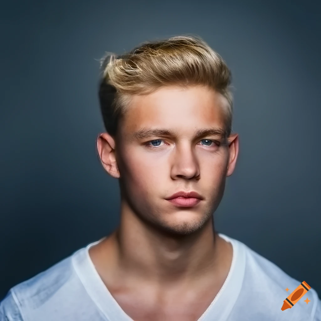 Close-up portrait of a young blond man with intricate skin texture