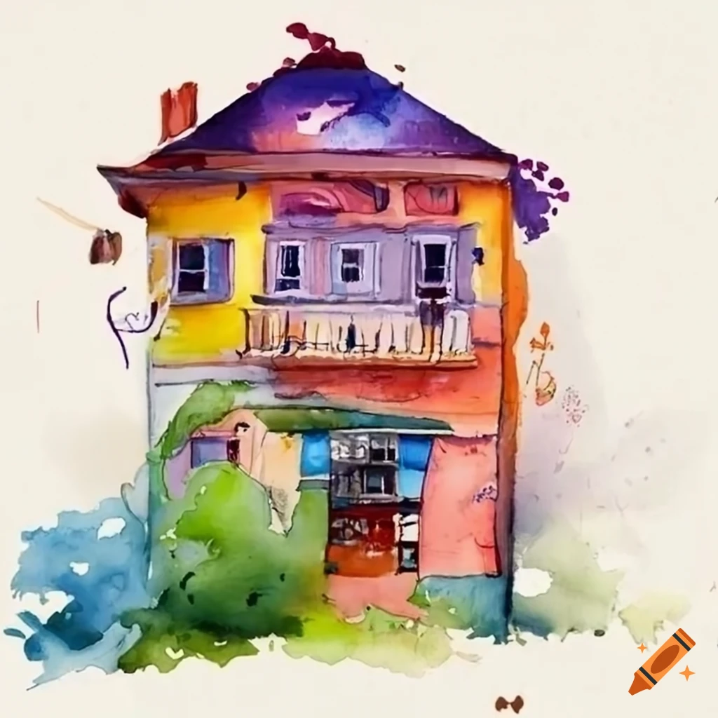 Funny watercolor painting of a house bazaar on Craiyon