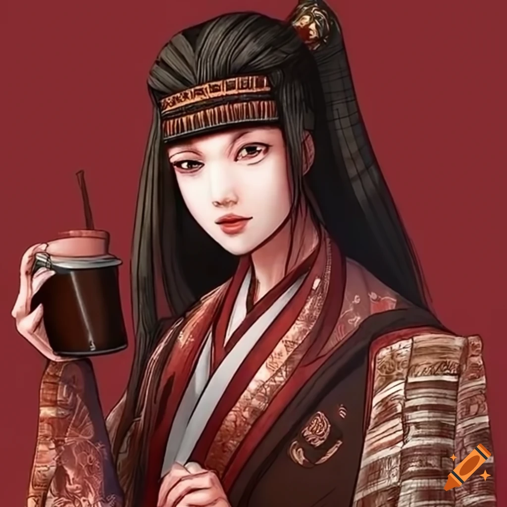 depiction of a female samurai enjoying a cup of coffee