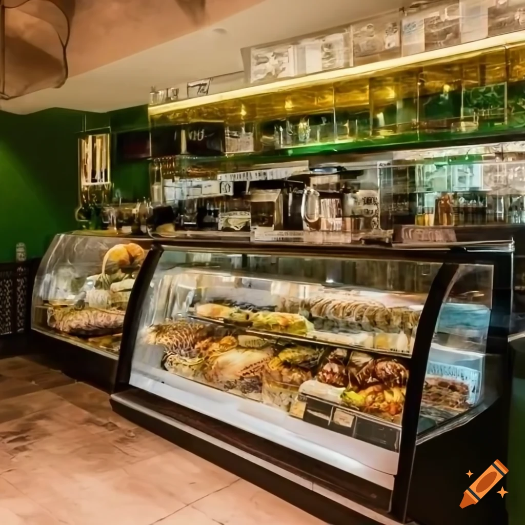 Interior design of a deli shop with marble counter on Craiyon