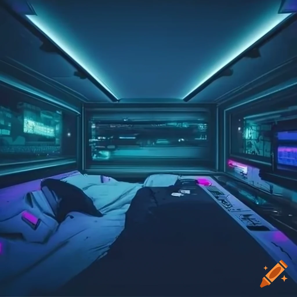 Cyberpunk artwork of two people sleeping in futuristic setting on Craiyon