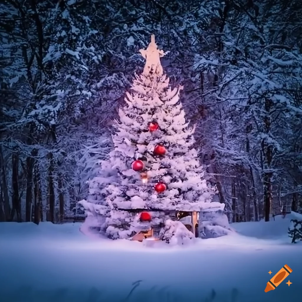 DRK vehicles with a decorated Christmas tree in light snowfall