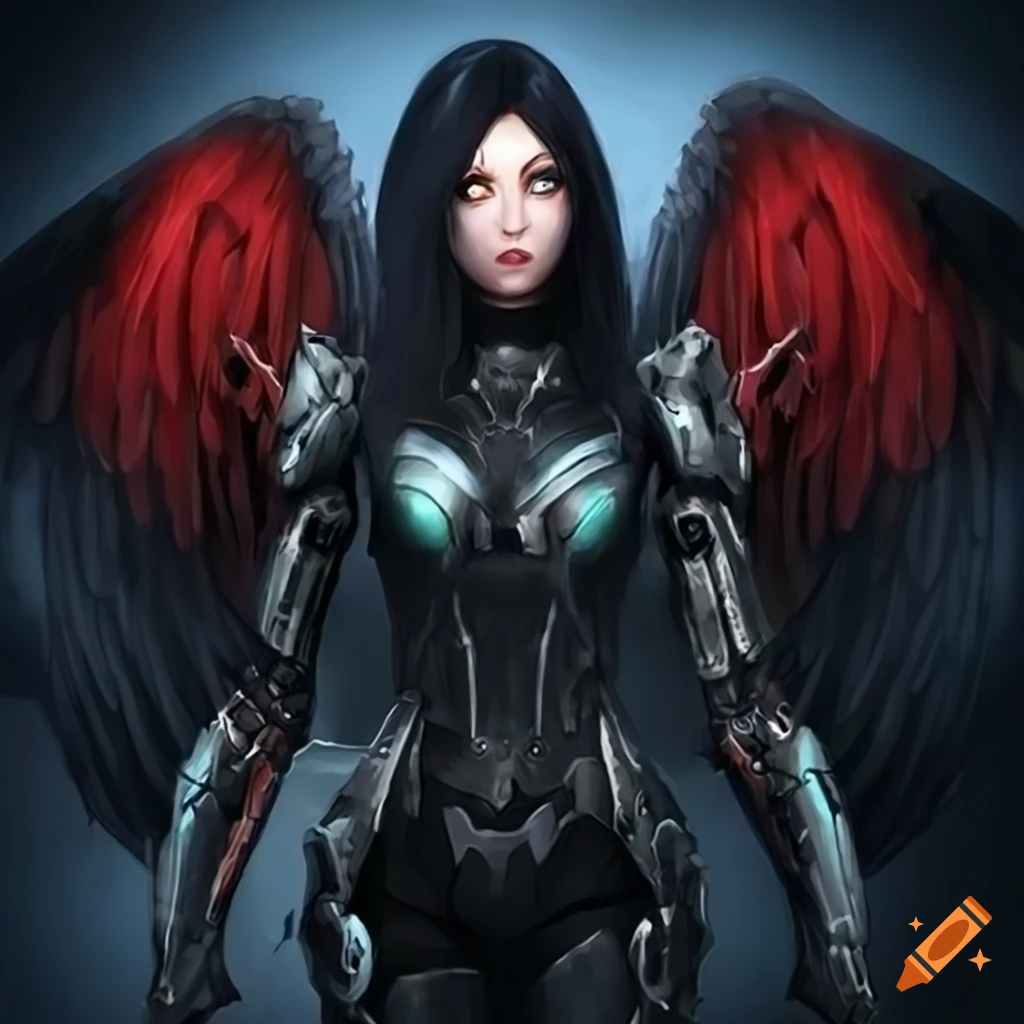 Detailed depiction of a futuristic female soldier with robotic wings ...