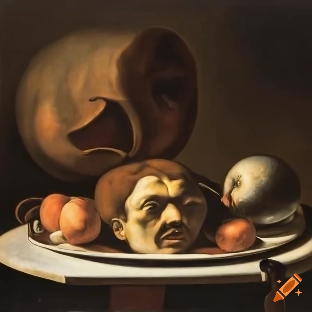Caravaggio-style painting of a table with exotic fruits and orpheus' head