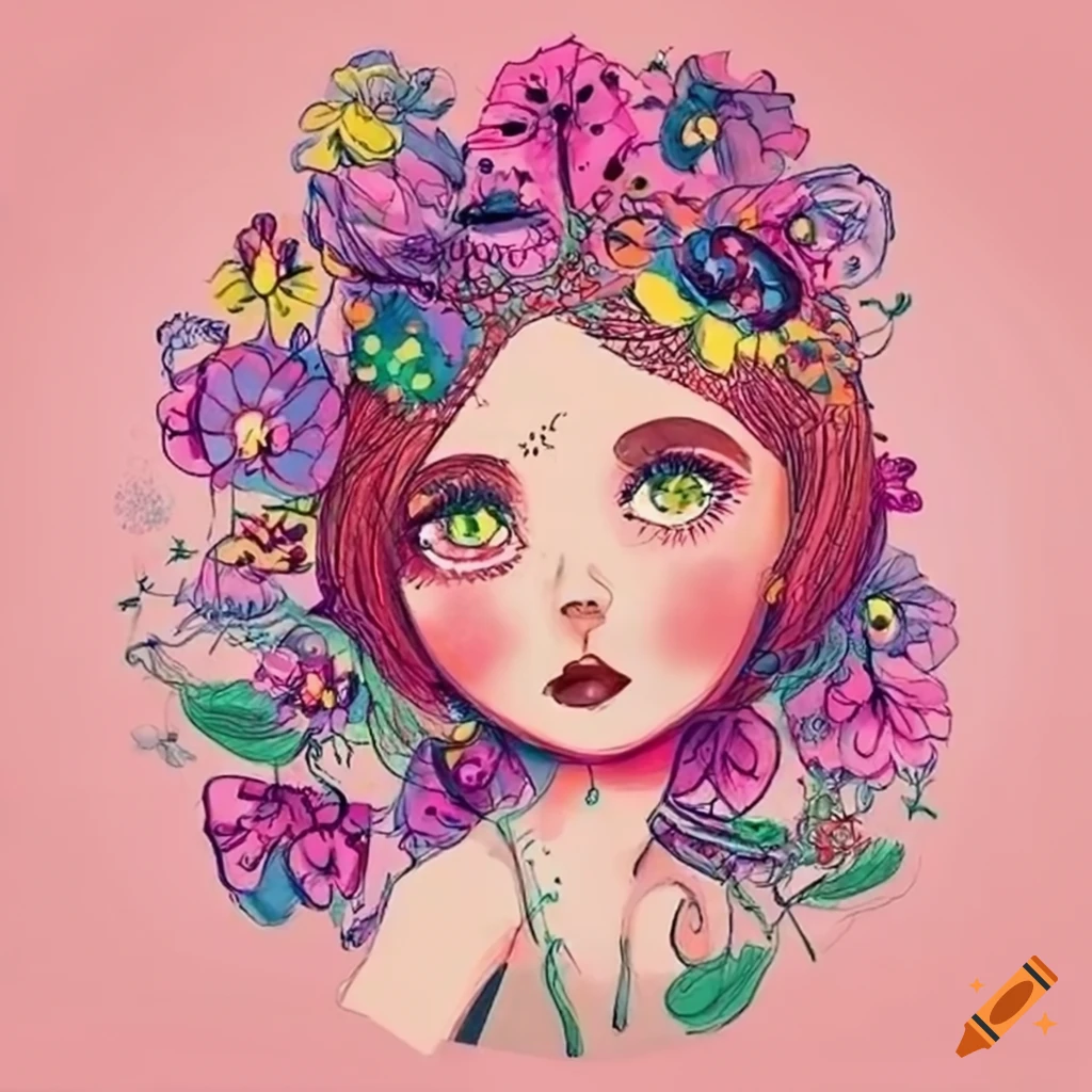 doodle of a girl surrounded by flowers