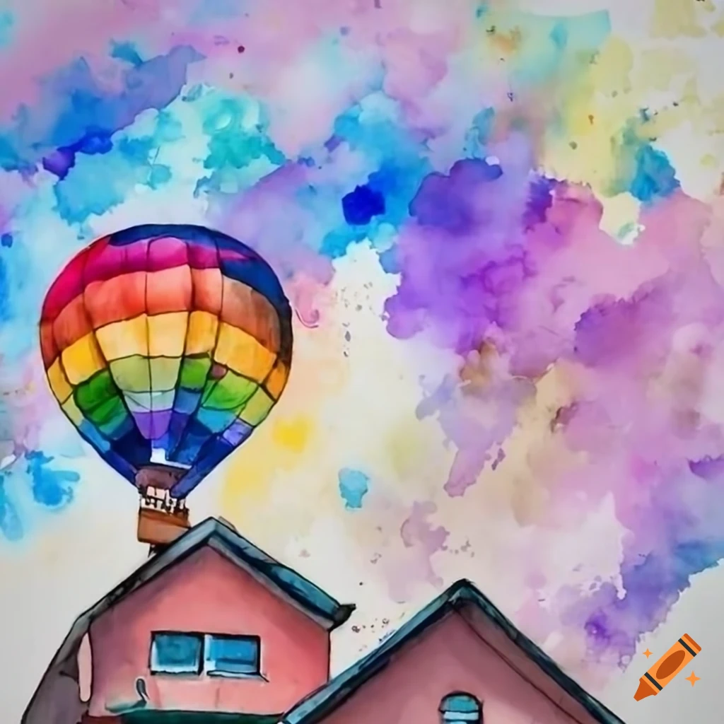 colorful watercolor mural with houses and hot air balloon