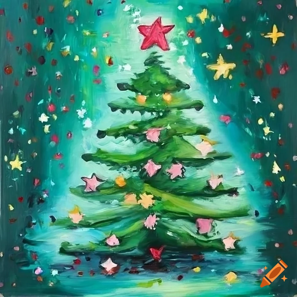 Oil painting of a green christmas tree with cute stars on Craiyon