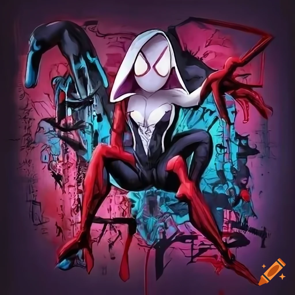 Graffiti artwork of spiderman, spider gwen, and venom on Craiyon