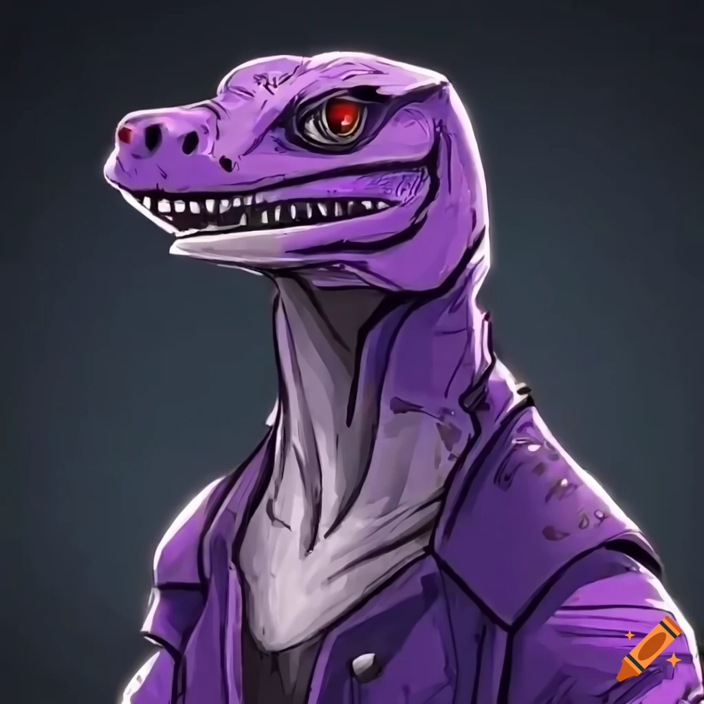 Closeup shot of a badass purple monitor lizard character