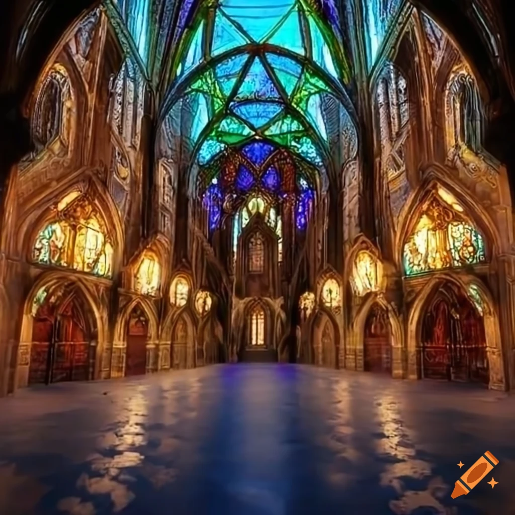 Medieval castle hall with stained glass windows on Craiyon