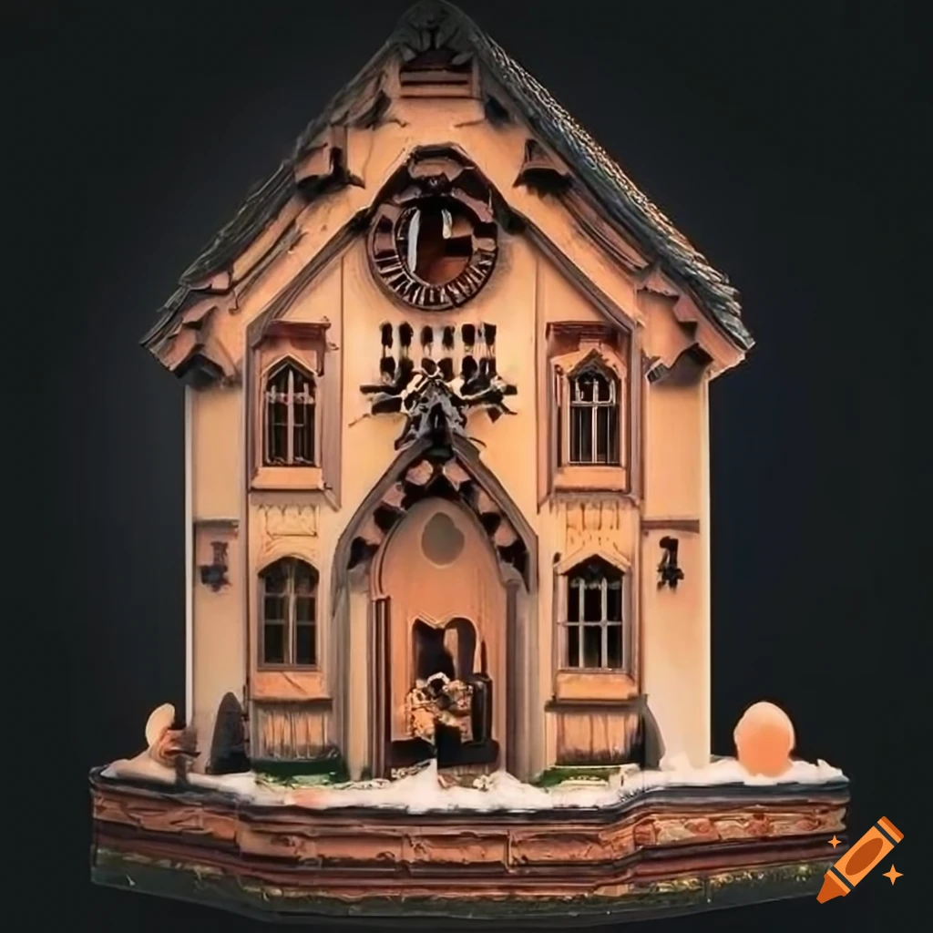 Museum exhibit of ornate inverted framing with cuckoo clock style