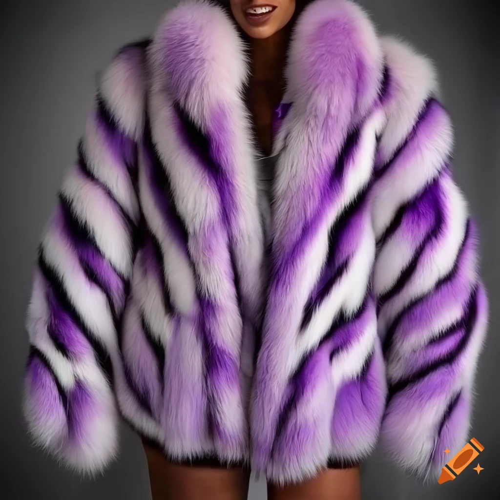 White and purple zebra print fox fur letterman jacket