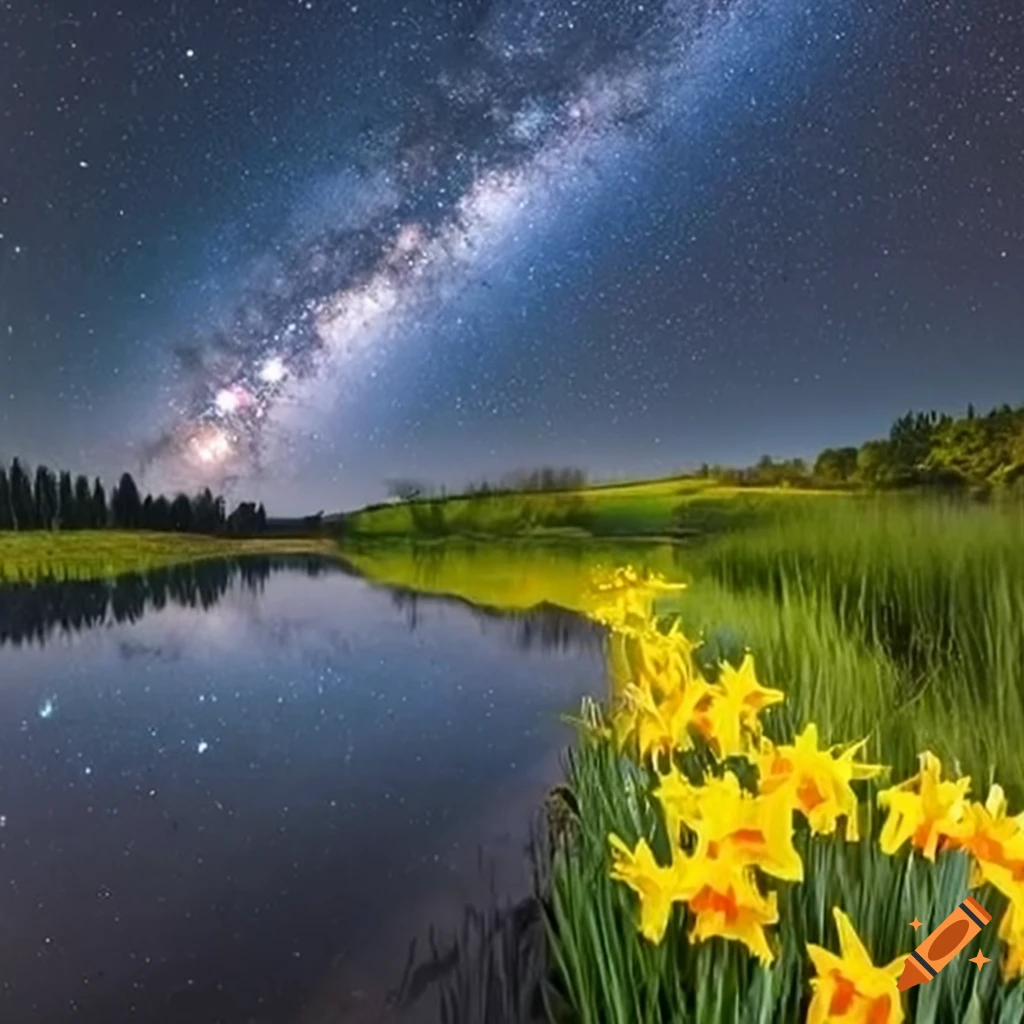 starry night with daffodils reflected on water