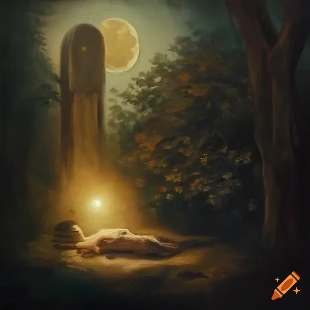 oil painting of a dark forest with an ancient grave under the moon